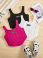 SHEIN Kids Y2Kool Tween Girls' Texture Knit Colorblock Skirt Set (Pink-Black-White) And Sporty Chic Knit Tank Top Set