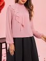 SHEIN Clasi Women  Valentine's Day  Stand Collar Lace Decorated Lantern Sleeve Pink Shirt