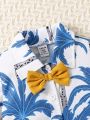 Baby Boy Blue Coconut Tree Print Shirt With Suspenders And Shorts Set