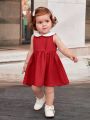 SHEIN Baby Girls' Casual Style Doll Collar Colorblock Waist Drawstring Pleated Dress