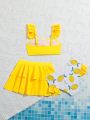 Young Girl Two-Piece Swimsuit Set With Lemon Print & Ruffle Bikini Top, Matching Skirt Cover Up For Beach Vacation, Spring/Summer