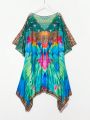 SHEIN Swim BohoFeel Women'S V-Neck RuffleSleeve Peacock Printed Casual Cover-Up