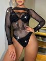 Women's Sexy Rhinestone Hot Drilling Hollow Out Mesh Bodysuit