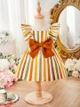 SHEIN Baby Girls' Casual Striped Pattern Dress With Bowknot & Ruffle Hem Design