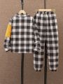 SHEIN Tween Boys' Street Style Casual Color Block Plaid Shirt And Long Trousers