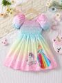 SHEIN Kids QTFun Toddler Girls Unicorn Print Ombre Puff Sleeve Dress