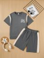 Christmas Teen Boy Slogan Print Contrast Panel Casual Tee & Shorts