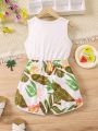 2pcs/Set Toddler Girls' Casual And Cute Sleeveless Top With Printed Shorts For Vacation