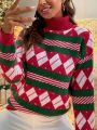 SHEIN Essnce Fashionable Women's Geometric & Stripe Pattern Sweater