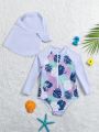 Infant Girls' One-piece Swimwear With Tropical Plant Print (with Hat)