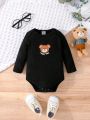 3pcs/Set Infant Boys' Long Sleeve Bodysuit In Cute Bear Print And Hat Combo