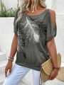 Hollow Out Shoulder Feather Pattern Printed T-Shirt