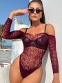 1pc Off-shoulder Perspective Mesh Sexy Bodysuit