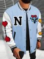 Men Letter & Heart Patched Striped Trim Varsity Jacket