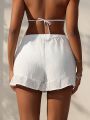 SHEIN Swim BohoFeel Women'S Elastic Waist Cover Up Shorts With Embroidered Mesh Hem