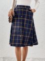 SHEIN Frenchy Women'S Blue Plaid Single-Breasted Skirt (Mismatch Plaid)