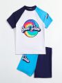 Tween Boys' Color Block Letter & Tie Dye Pattern Insert Short Sleeve Top And Shorts Swimsuit Set