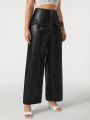 Sara Cennamo Plus Zip Fly Flap Detail PU Leather Wide Leg Pants