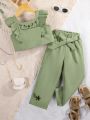 SHEIN Kids Nujoom Young Girl Embroidered Detail Ruffle Trim Top & Belted Pants