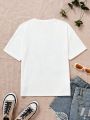 SHEIN Kids EVRYDAY Tween Girls' Loose Fit Casual Portrait Printed Short Sleeve T-Shirt With Round Neckline