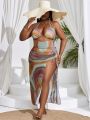 SHEIN Swim SXY Plus Size Women's Printed Halter Neck Separated Swimsuit (3pcs/Set Random Print)