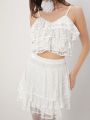 SHEIN ENCHNT Women's Patchwork Lace Decorated Ruffle Hem Top And Casual Pants Set