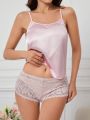 Women'S Satin Cami Top And Lace Shorts Pajama Set