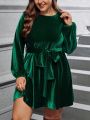 SHEIN LUNE Plus Size Velvet Lantern Sleeve Belted Dress