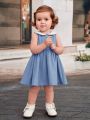 SHEIN Baby Girls' Casual Doll Collar Color Block Elastic Waist Pleated Dress