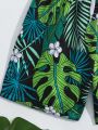Boys' Swimwear With Plant Printed Pattern, Woven Fabric Beach Shorts