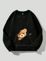 SHEIN Kids Cooltwn Tween Girls' Leisure Bear Pattern Knitted Ribbed Round Neck Long Sleeve Pullover Sweatshirt For Streetwear