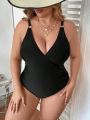 SHEIN Swim Chicsea Plus Size Women'S Solid Color V-Neck One-Piece Swimsuit