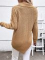 Solid Zip Up Drop Shoulder Asymmetrical Hem Sweater