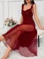 Red Mesh Splice Shiny Ruffle Decoration Nightgown For Home Wearing And Sleeping