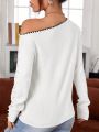 SHEIN Privé Women'S White Oblique-Shoulder Long Sleeve Sweater With Pearl Decoration