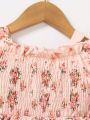 1pc Baby Girl Casual Off-Shoulder Floral Print Drawstring Short Sleeve Dress For Summer