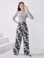 SHEIN Teen Girl Solid Tee & Camo Print Wide Leg Pants