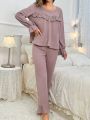 Lace Embellished Bell Sleeve Top & Pants Pajama Set