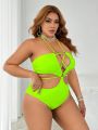 SHEIN Swim SXY Plus Size Cut Out Halter One-Piece Swimsuit With Circular Decoration