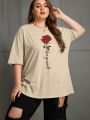 Plus Size Women'S Rose Printed Round Neck T-Shirt