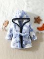 Baby Boy Cartoon Graphic Contrast Binding Hooded Belted Flannel Robe