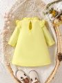 SHEIN Baby Girls' Casual And Elegant Stand Collar Ruffle Trim Dress