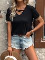 Patchwork Lace V-neck Short Sleeve Casual T-shirt