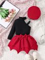 Baby Girls' Asymmetrical Collar Long Sleeve Top And Irregular Hem Skirt Set