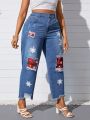 Women'S Plus Size Plaid & Snowflake Printed Distressed Jeans