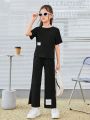 SHEIN Tween Girl Slogan Patched Detail Split Hem Tee & Pants