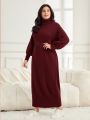 SHEIN Mulvari Plus Size High Collar Lantern Sleeve Belted Sweater Dress