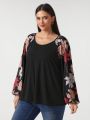 Pamile Plus Size Women's Flower Print Drop Shoulder Sleeve T-shirt