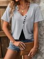 V-Neck Short Sleeve T-Shirt With Button Decorations