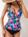 SHEIN DD+ Tropical Print Push Up Cami Vest And Triangle Briefs Bikini Set